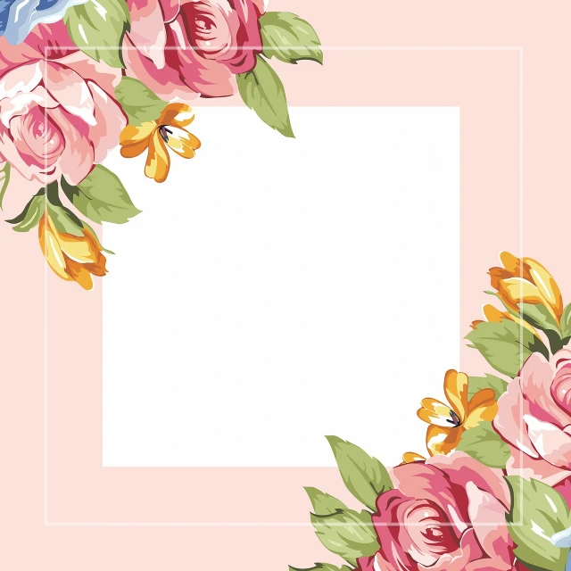 a picture of a bunch of flowers on a pink background, inspired by Louis-Michel van Loo, romanticism, card template, card frame, with a square, background image