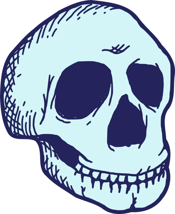 a drawing of a skull on a black background, blue woodcut print cartoon, clipart, underbite, low res
