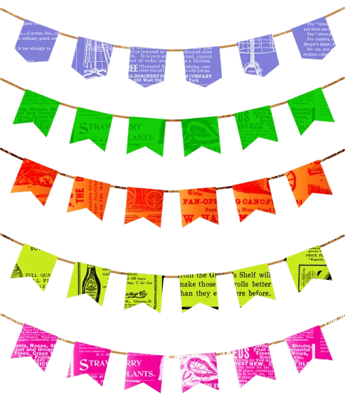 a bunch of colorful flags hanging from a string, a screenshot, graphic 4 5, fluorescent, newspaper style, clip art