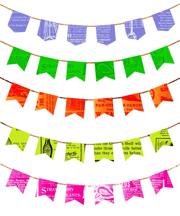 a bunch of colorful flags hanging from a string, a screenshot, graphic 4 5, fluorescent, newspaper style, clip art