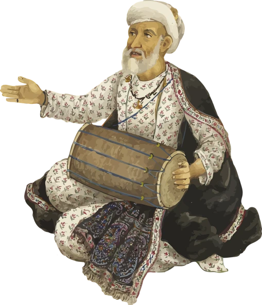 a figurine of a man playing a musical instrument, a digital rendering, inspired by Kamāl ud-Dīn Behzād, qajar art, drums, wise old man, high picture quality, clipart