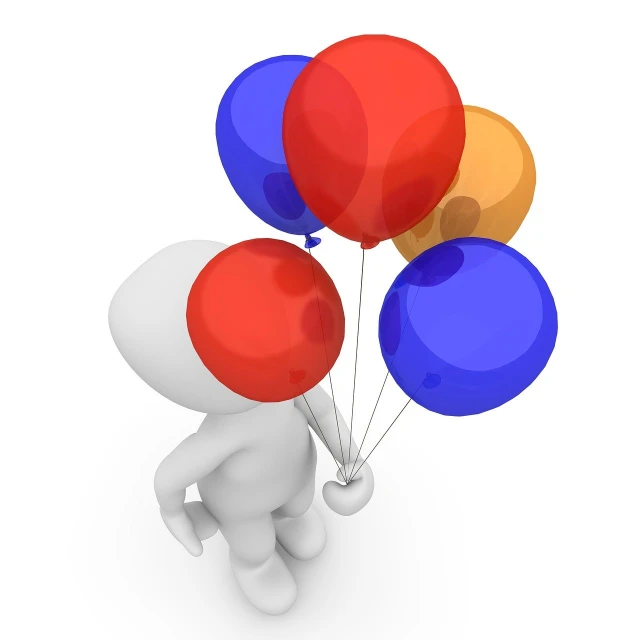 a person holding a bunch of red, white and blue balloons, a picture, 3 dmax, customers, mid shot photo