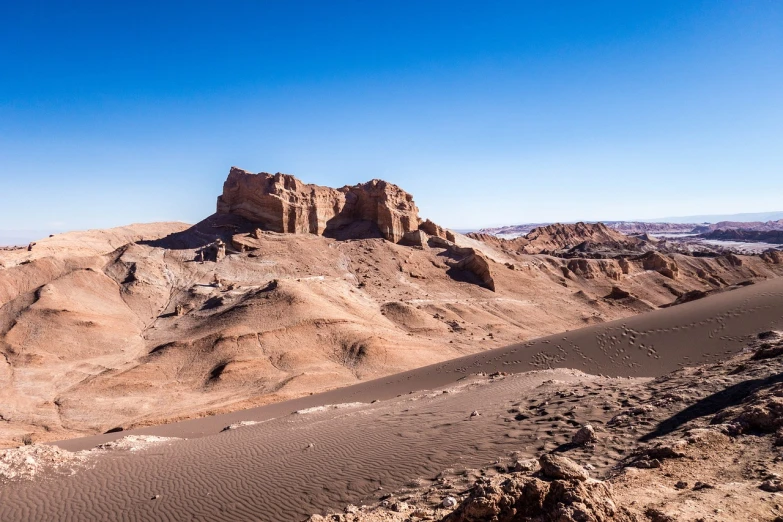 a large rock formation in the middle of a desert, by Dietmar Damerau, les nabis, chile, dune city and temples of arrakis, iso 1 0 0 wide view, lunar landscape