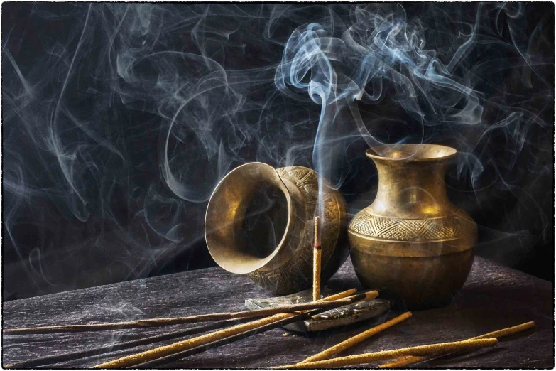 a couple of vases sitting on top of a table, a still life, by Rajesh Soni, shutterstock, incense smoke fills the air, 🕹️ 😎 🔫 🤖 🚬, 16th century, highly detailed composition