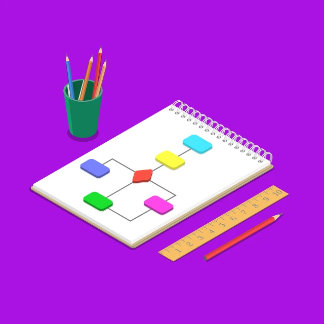 a notepad sitting on top of a desk next to pencils, a diagram, academic art, isometric illustration fun, violet colored theme, colorful palette illustration, game asset of plant and tree