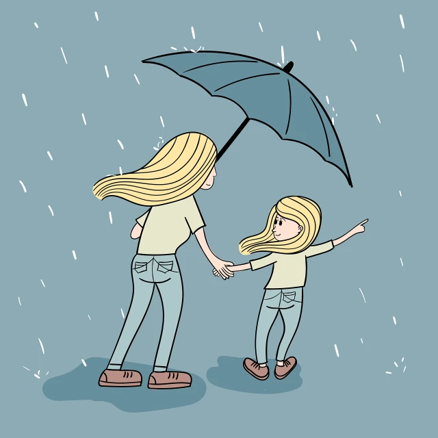 a woman and a little girl holding hands under an umbrella, conceptual art, with long blond hair, cartoon style illustration, it is raining, minimalistic illustration