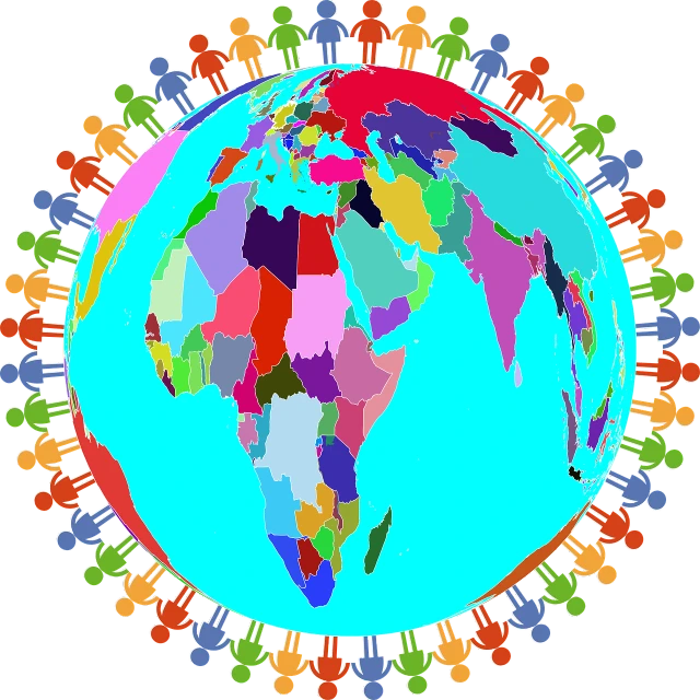 a group of people standing around a globe, a digital rendering, by Meredith Dillman, pixabay, excessivism, antibodies, multicoloured, ornate patterned people, united nations