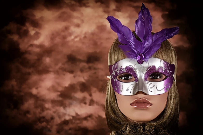 a woman wearing a purple and silver mask, a portrait, inspired by Chica Macnab, trending on pixabay, wallpaper - 1 0 2 4, 60mm portrait, classic portrait, rich in texture )