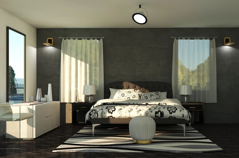 a bed sitting in a bedroom next to a window, trending on cg society, art deco, grey color scheme, ray traced lighting, room mono window, brown and white color scheme