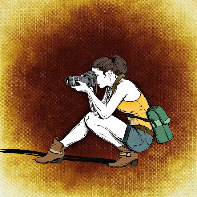 a woman taking a picture with a camera, a picture, art photography, editorial illustration, adventurer, full length shot, portait photo