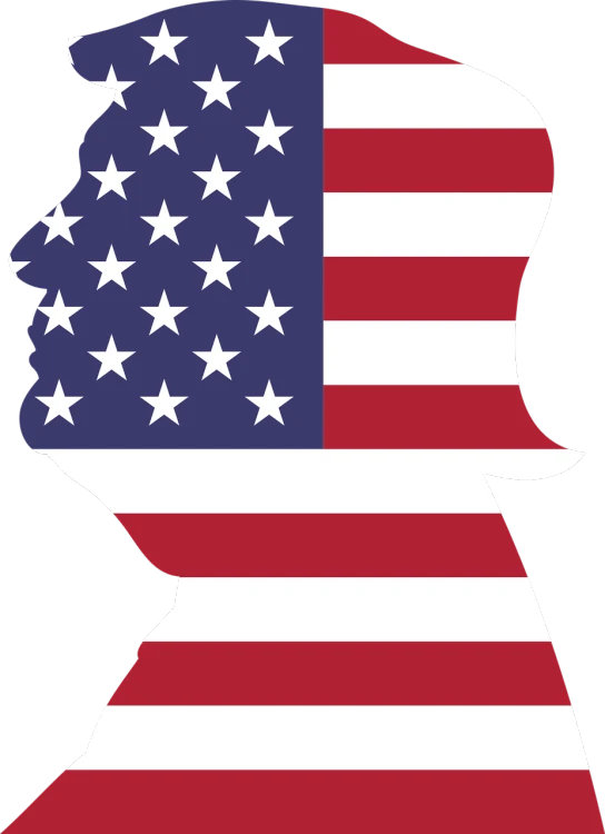 a silhouette of a man with an american flag on his head, a portrait, gigantic woman head, slightly turned to the right, toddler, honored
