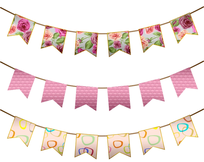 a bunch of flags that are on a string, a digital rendering, pink yellow flowers, clip art, gilt, parties