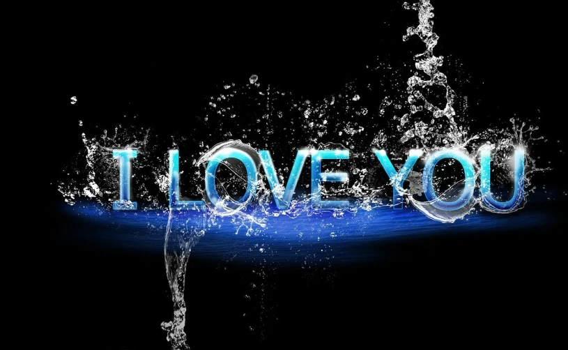 a splash of water that says i love you, a picture, blue neon, hq very detailed, header, watch photo