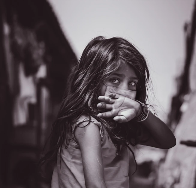 a black and white photo of a little girl, pexels contest winner, hurufiyya, provocative indian, abused, 2263539546], (digital art)