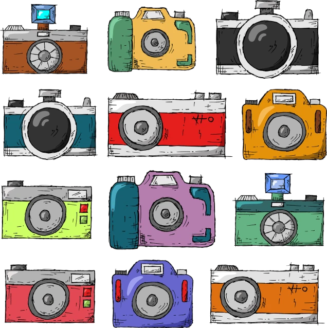 a bunch of different colored cameras on a black background, vector art, shutterstock, comic strip style, old photography, drawn with photoshop, cartoon style illustration