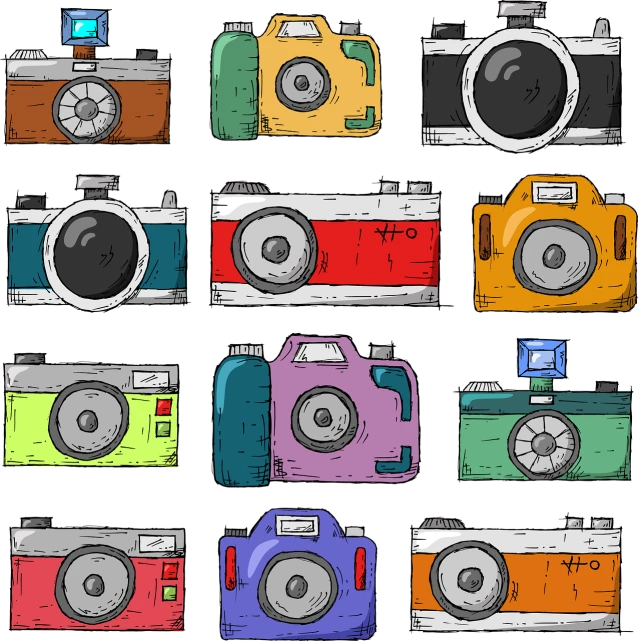 a bunch of different colored cameras on a black background, vector art, shutterstock, comic strip style, old photography, drawn with photoshop, cartoon style illustration