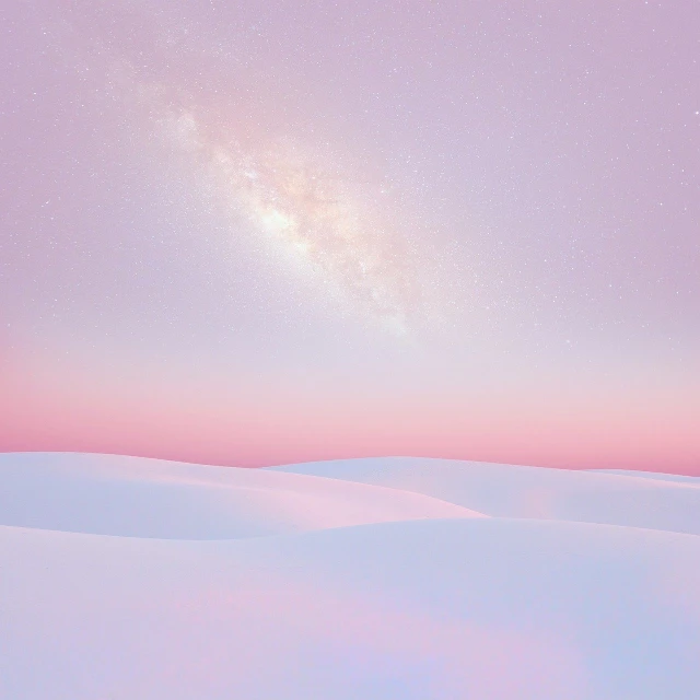 a couple of people standing on top of a snow covered field, digital art, inspired by Christopher Balaskas, trending on shutterstock, conceptual art, pastel pink skin tone, the milky way in the sky, sand dune background, clean 3 d render