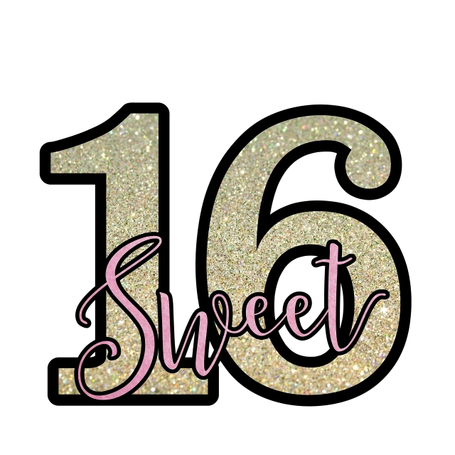 a close up of a glitter text on a black background, a digital rendering, inspired by Justin Sweet, 16 colors, n - 6, dessert, tshirt!!