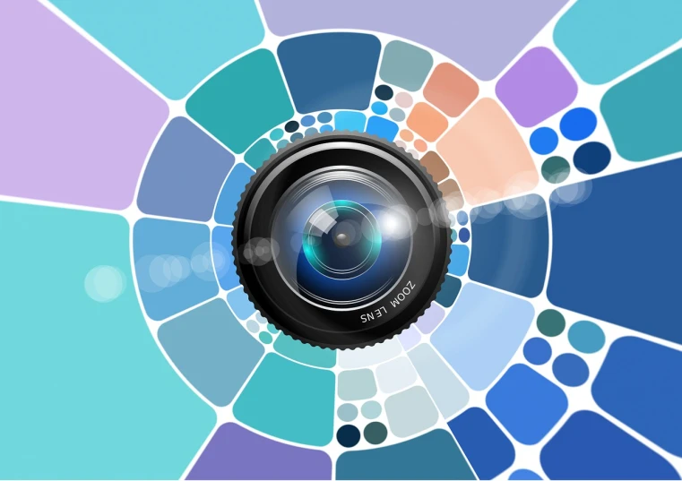 a close up of a camera lens on a colorful background, vector art, inspired by Victor Vasarely, art photography, photo mosaic, fisheye lens photo, hd 4k photo, home album pocket camera photo