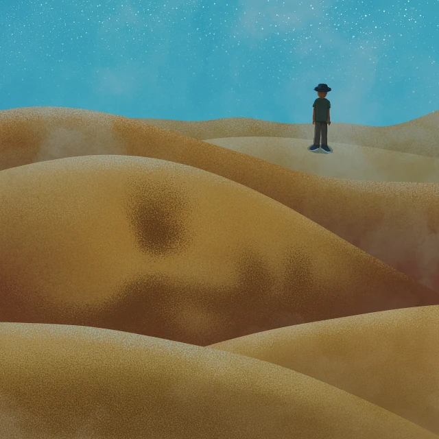 a man standing on top of a sandy hill, inspired by Quint Buchholz, digital art, tonalism illustration, silhouettes in field behind, desert and blue sky, new yorker illustration