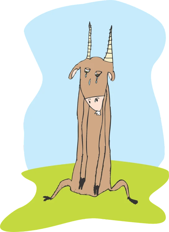 a brown goat sitting on top of a lush green field, a cartoon, inspired by Tomi Ungerer, deviantart contest winner, mingei, sleep paralysis monster, very very very very tall, goat horns on her head, cartoon illustration