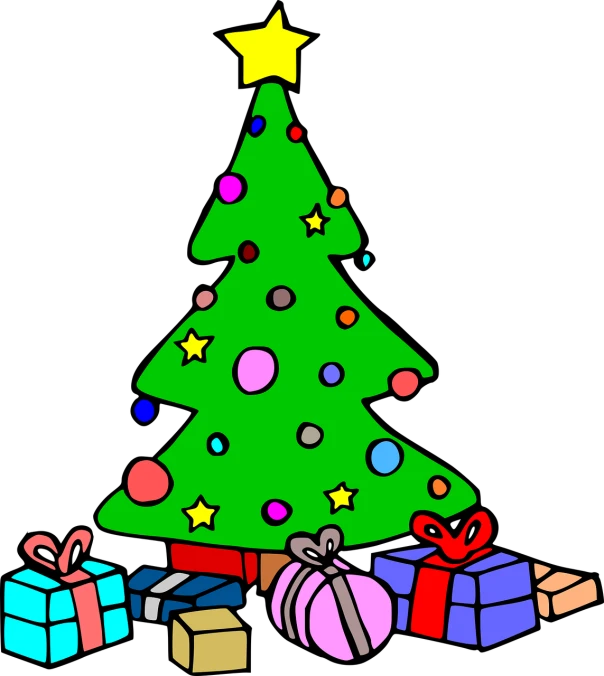 a christmas tree with presents around it, an illustration of, naive art, the background is black, full color illustration, mid view, uploaded