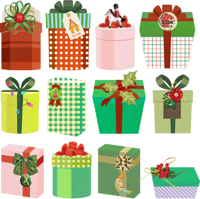 a collection of christmas presents on a black background, vector art, shutterstock, naive art, full pallet image, various artists, clip art, ribbon