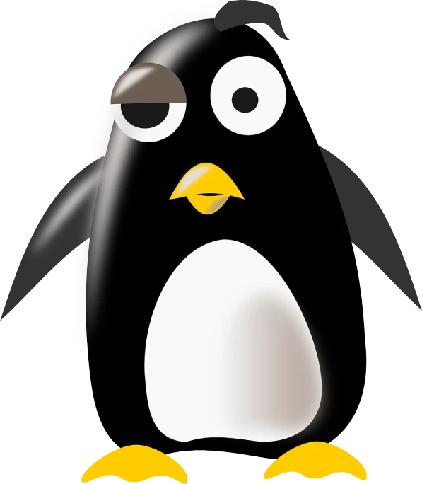 a close up of a penguin on a white background, an illustration of, pixabay, computer art, black eye patch over left eye, cell-shaded, looking confused, bag