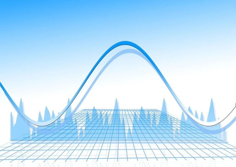 a blue and white graphic of a curve, an illustration of, skyline showing, 3 d graphics, waveforms on top of square chart, grid