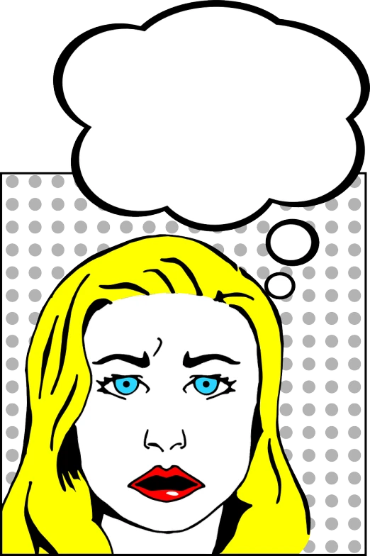 a woman with a thought bubble above her head, inspired by Lichtenstein, trending on shutterstock, pop art, long blonde hair and blue eyes, stock photo, clipart, concerned expression