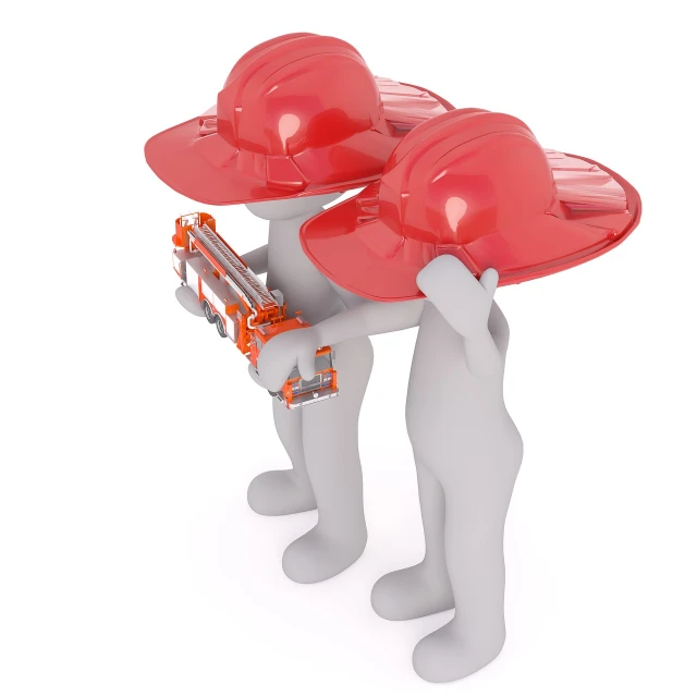 a couple of people standing next to each other, by John Armleder, shutterstock, conceptual art, hard hat, red mechanical body, on a white background, smoth 3d illustration