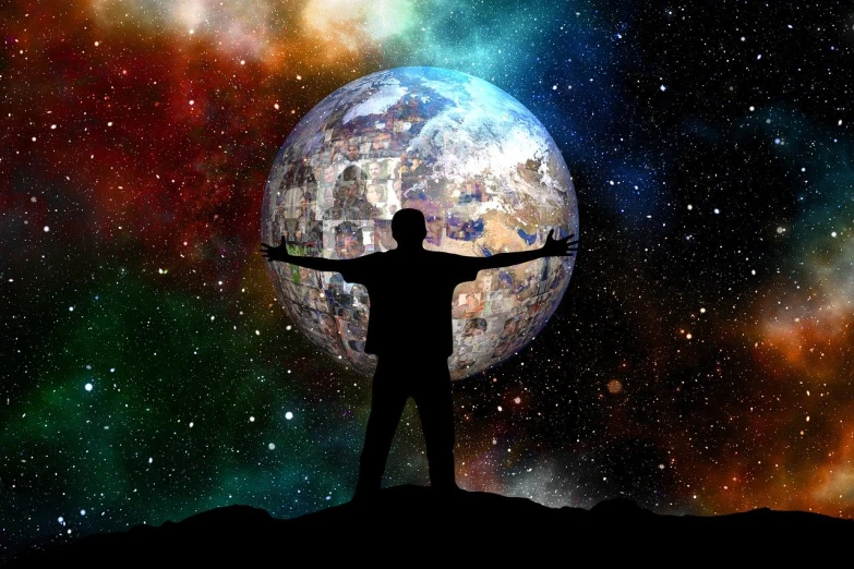 a man standing on top of a hill with his arms outstretched, trending on pixabay, digital art, holding a planet, a collage of space travel, fractal human silhouette, high quality fantasy stock photo