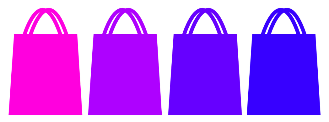 a row of purple and blue shopping bags, a screenshot, by Edward Bailey, flickr, adult pair of twins, merged machima, svg vector, [ bioluminescent colors ]!!