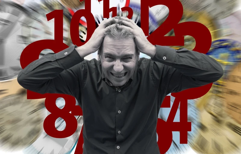 a man holding his head in front of a clock, by Karel Dujardin, trending on pixabay, digital art, ross geller screaming, numerical, portrait of jordan peterson, no numbers