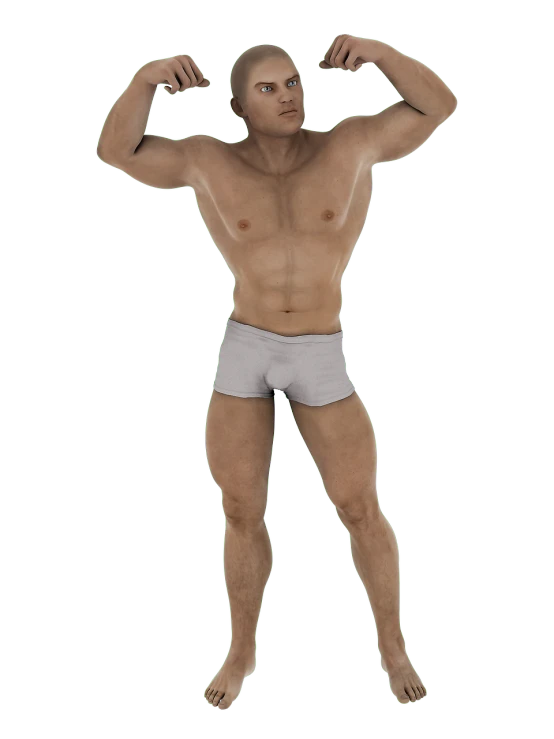 an image of a man flexing his muscles, a raytraced image, inspired by Ludovit Fulla, pretty face with arms and legs, natural tpose, with arms up, white loincloth