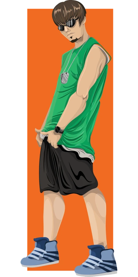 a man in a green shirt holding a tennis racquet, inspired by Tomer Hanuka, dribble, shin hanga, sport shorts, ( ( extreme detail ) ), dribbble illustration, knees tucked in