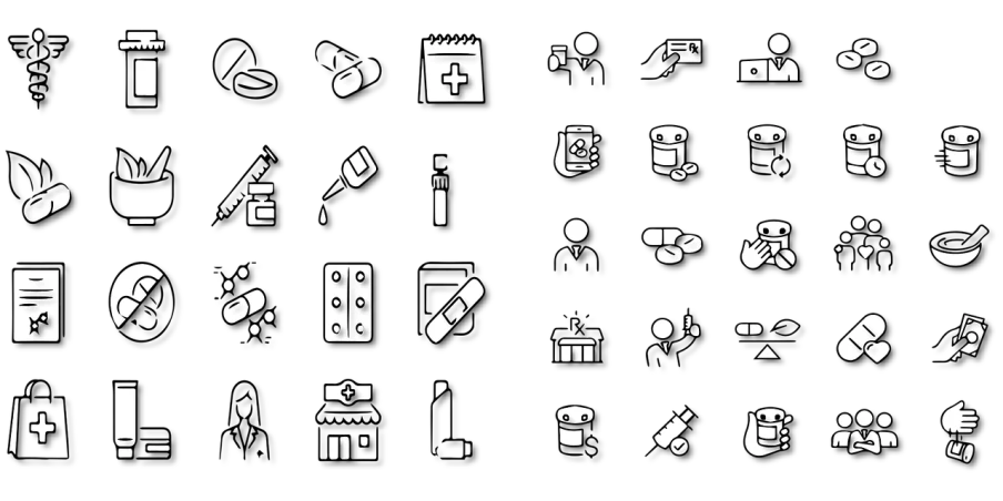 a bunch of white icons on a black background, concept art, by Matija Jama, mingei, pills and medicine, screenshots, bandage, exploded view