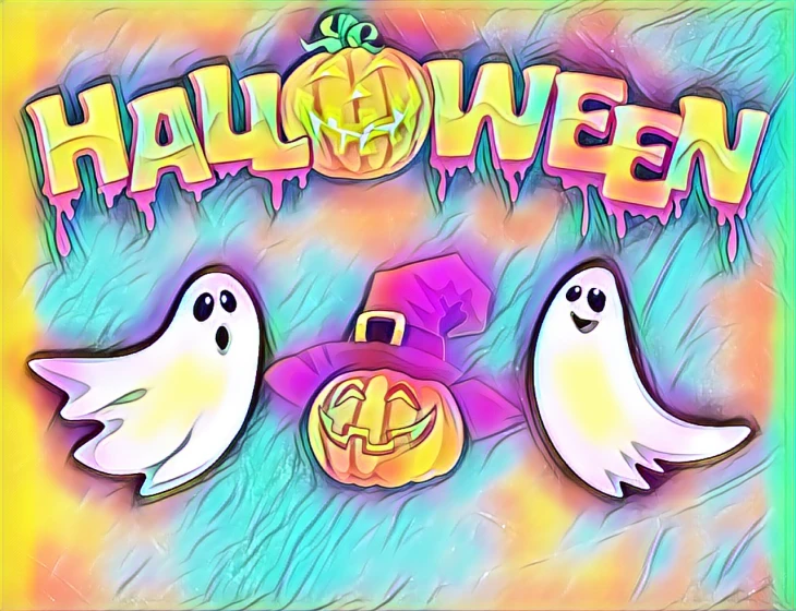 a painting of two ghosts and a pumpkin, a pastel, shutterstock, graffiti, background image, game icon stylized, vaporwave colors!, in a halloween style