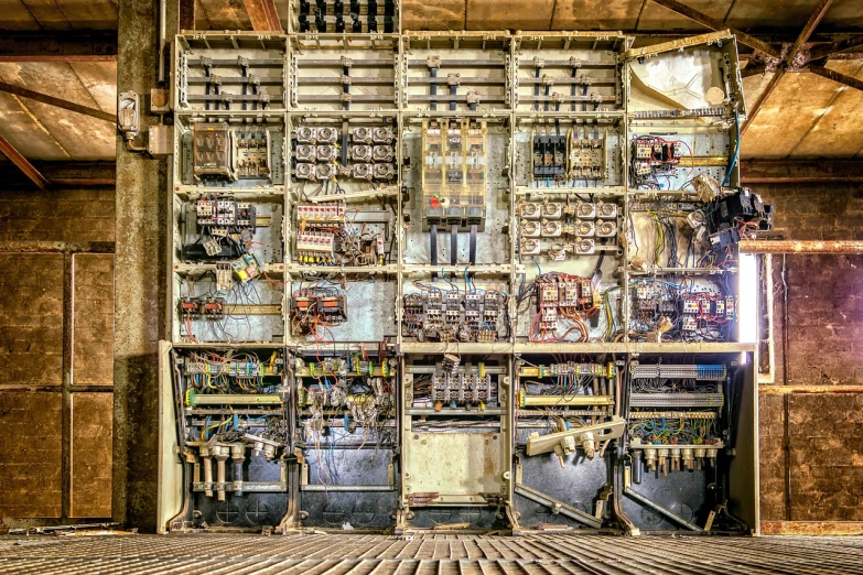 a room filled with lots of tools sitting on top of a wooden floor, by Richard Carline, ship control panel close-up, decaying rich colors!, large scale photo, control panels