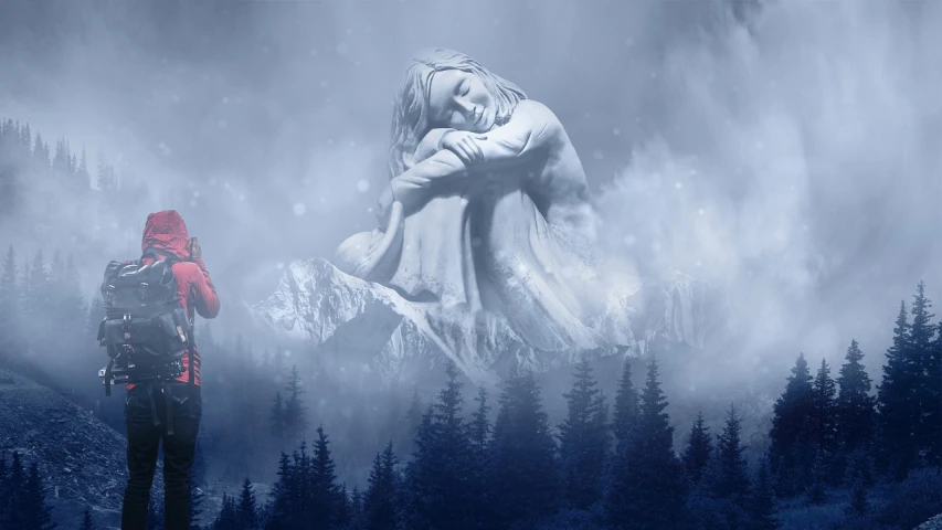 a person standing in front of a snow covered mountain, a statue, romanticism, he holds her while she sleeps, blue and white and red mist, gothic background, mother earth