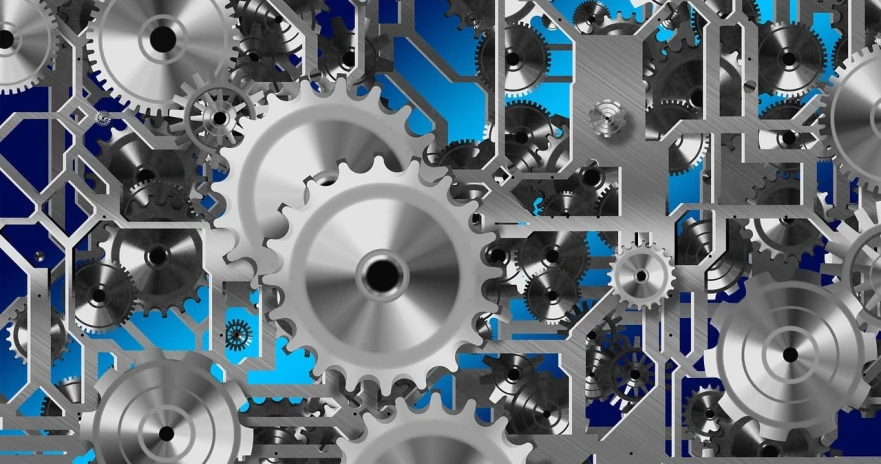 a bunch of gears on a blue background, a digital rendering, by Jon Coffelt, hyperdetailed metalwork, closeup portrait, panel, vibrant scene