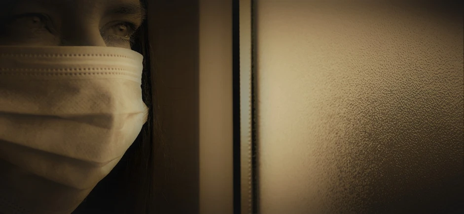 a close up of a person wearing a face mask, a picture, inspired by Elsa Bleda, about to enter doorframe, horror, banner, sepia