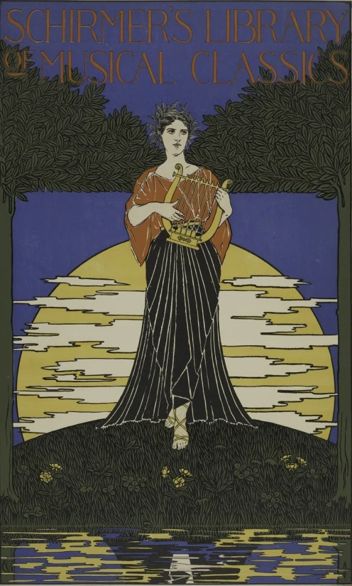 a painting of a woman standing in front of a body of water, inspired by Walter Crane, art nouveau, the sun is setting, colored woodcut, musician, dressed in laurel wreath