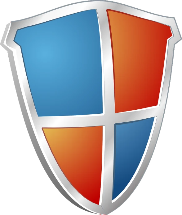 a red and blue shield on a white background, a digital rendering, renaissance, white and orange breastplate, triadic chrome shading, icon, emergency