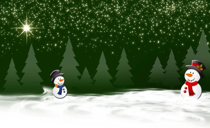 a couple of snowmen that are standing in the snow, an illustration of, inspired by Ernest William Christmas, digital art, trees and stars background, dark green background, a beautiful artwork illustration, background is white and blank