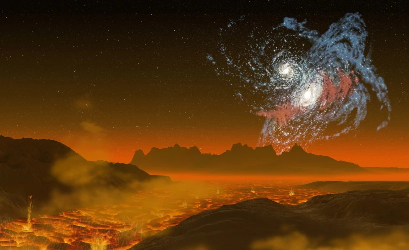 an artist's rendering of a planetary landscape, a digital rendering, by Jeffrey Smith, space art, blazing fire tornadoes, view of the spiral galaxy, volcanos, bottom angle
