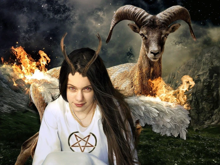 a woman with long hair sitting in front of a goat, an album cover, inspired by Marina Abramović, pixabay contest winner, sots art, wearing tumultus flames, pentacle, karol bak of emma watson nun, standing in hell