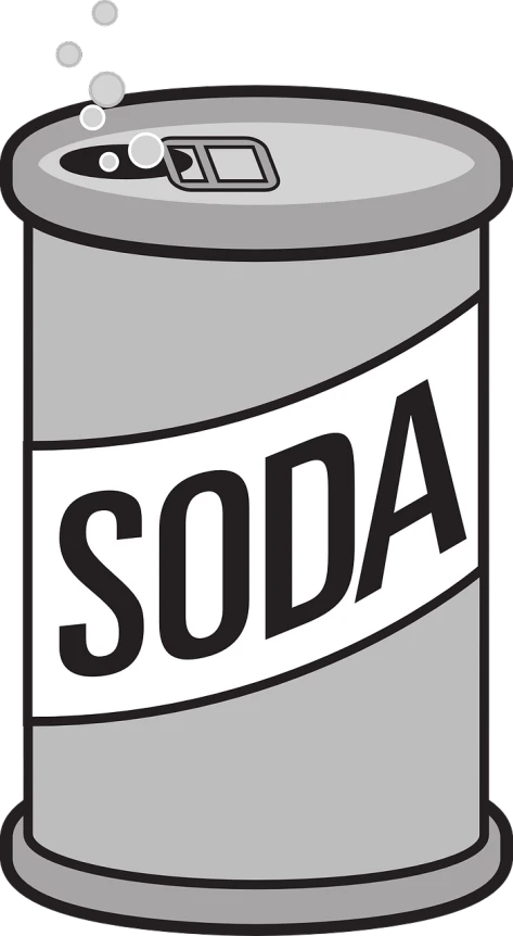 a soda can with the word soda on it, a cartoon, pixabay, sōsaku hanga, solid gray, roy lichtenstein style, on a flat color black background, one panel