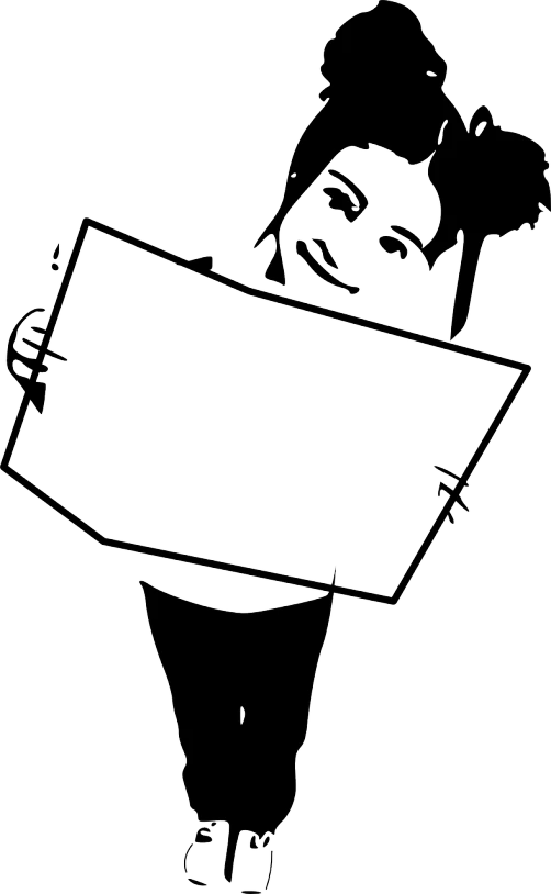 a black and white drawing of a person holding a sign, pixabay, young girl, folded, plan, card template