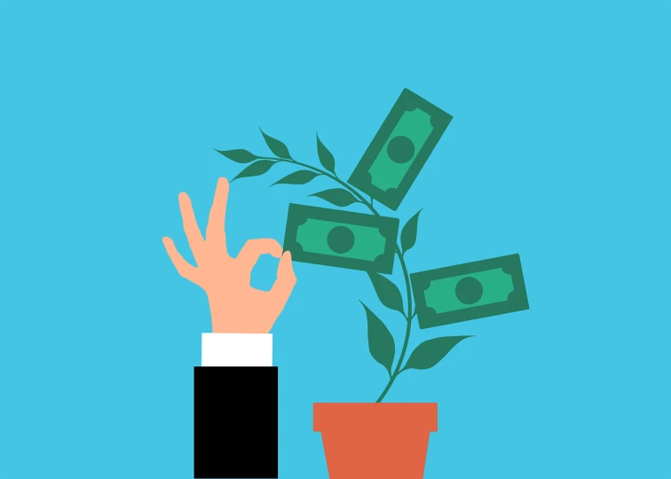 a potted plant with money coming out of it, a stock photo, flat vector, peace sign, sharp focus illustration, ceo